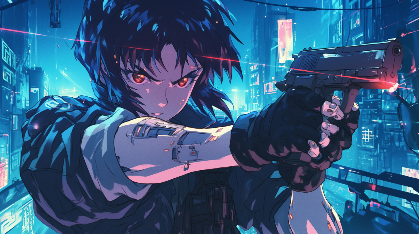 Anime style illustration of Makoto Kusanagi in cyberpunk setting.