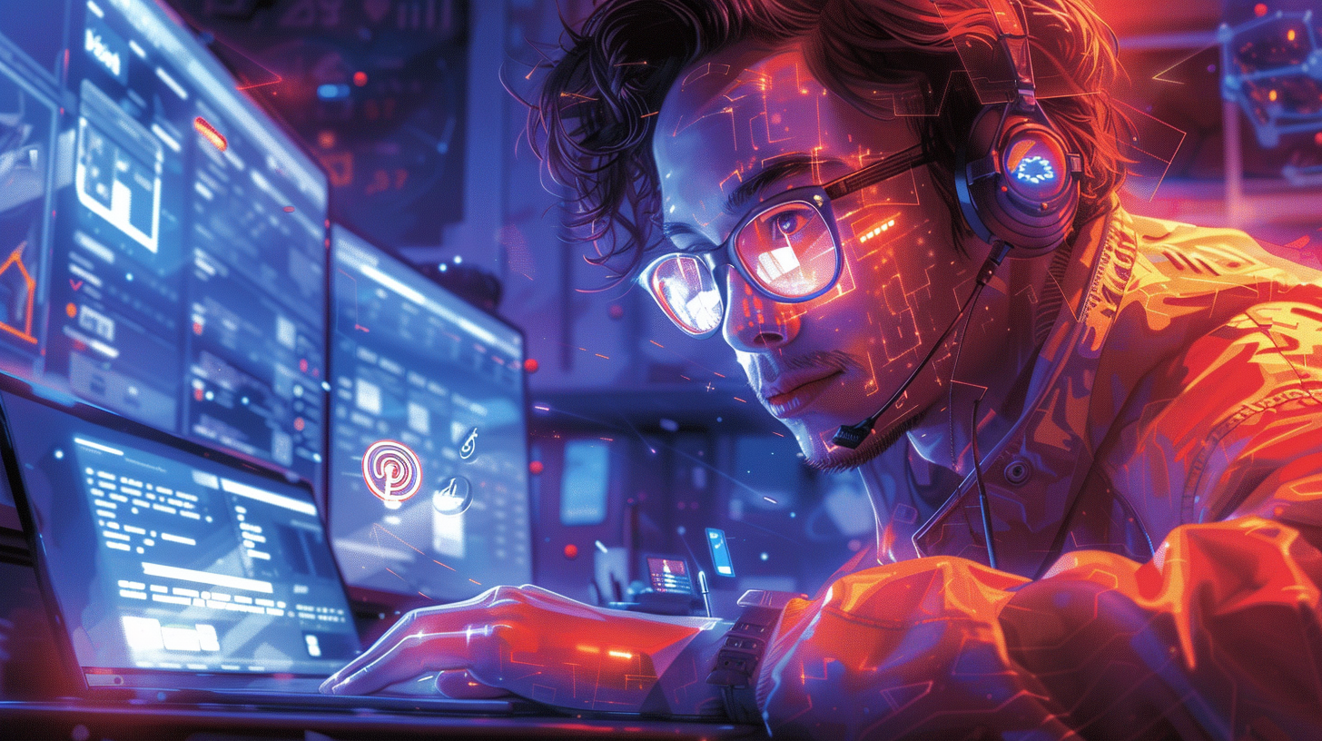 Anime-style illustration of social media influencer working on computer.