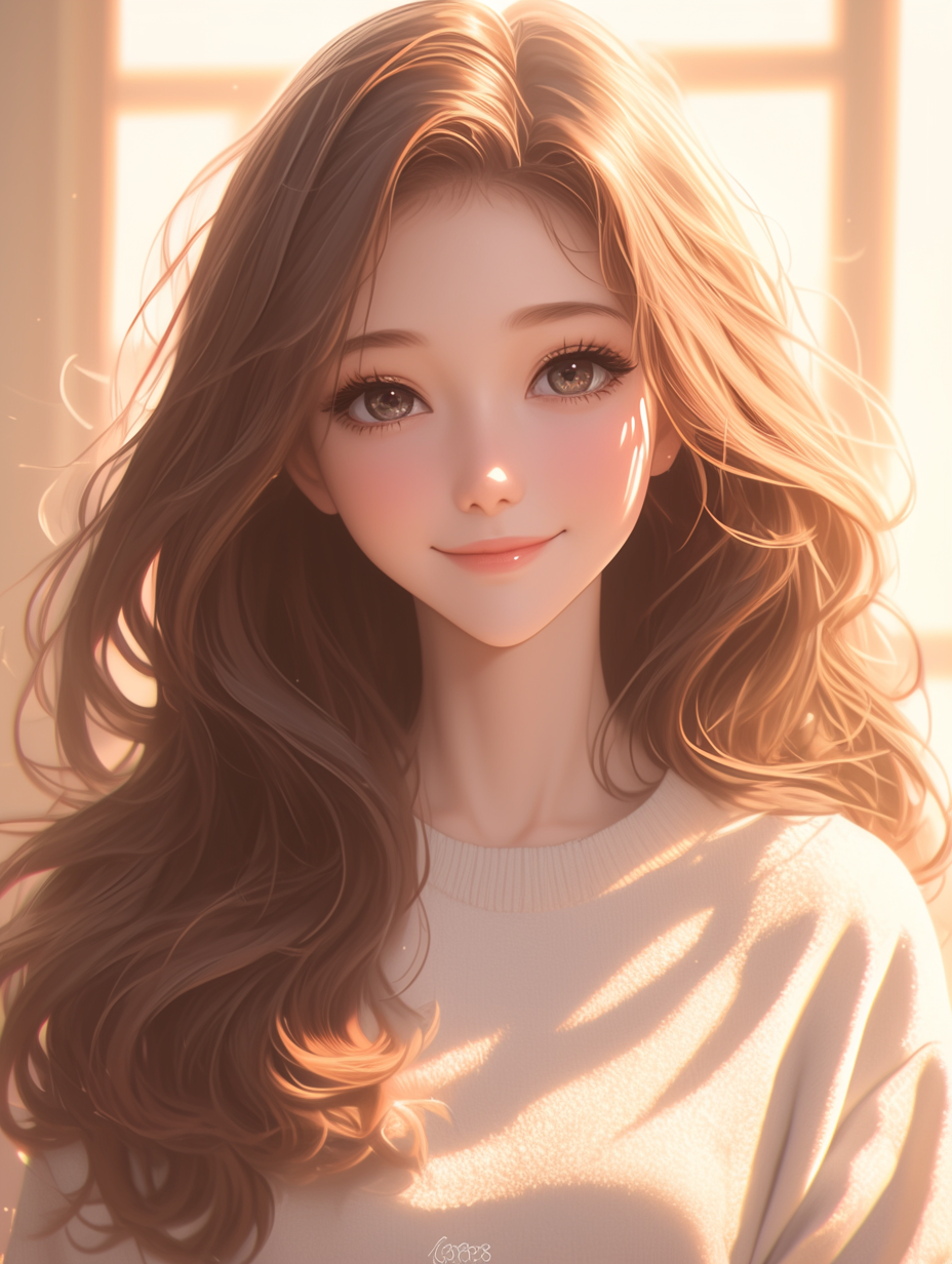 Anime-style portrait of young woman with wavy brown hair.