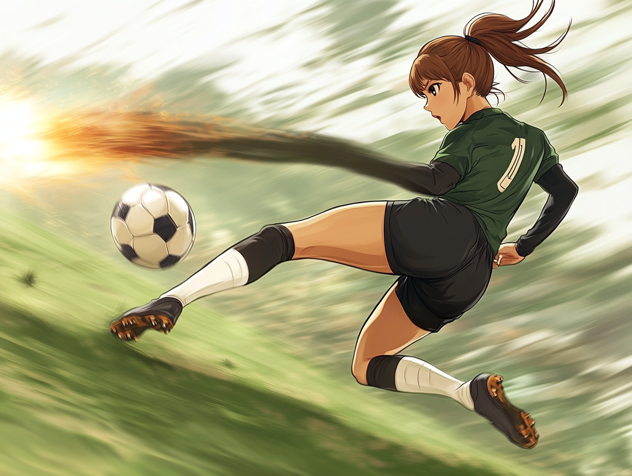 Anime style woman kicking a soccer ball towards goal.