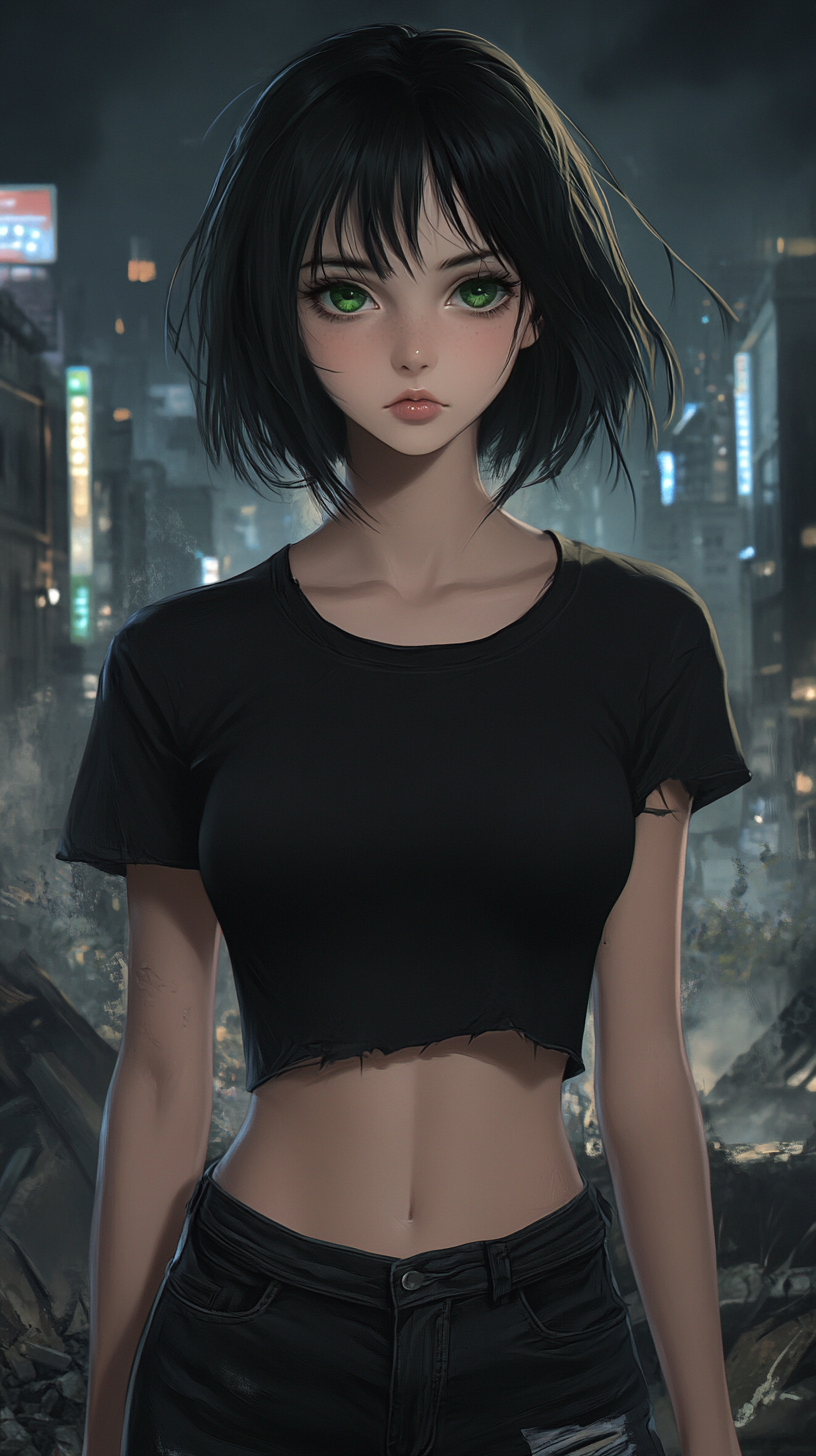 Anime style young woman with feline eyes. Night backdrop.