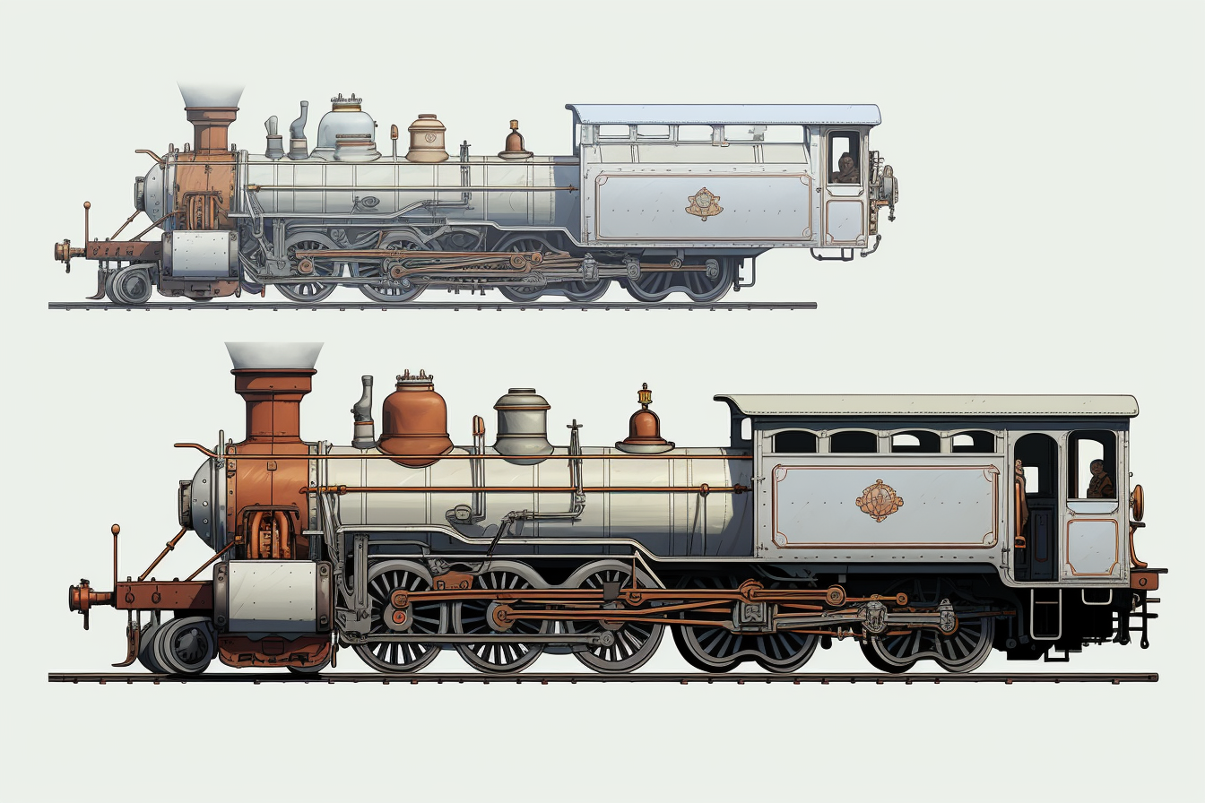 Anime train engine and car on white background.