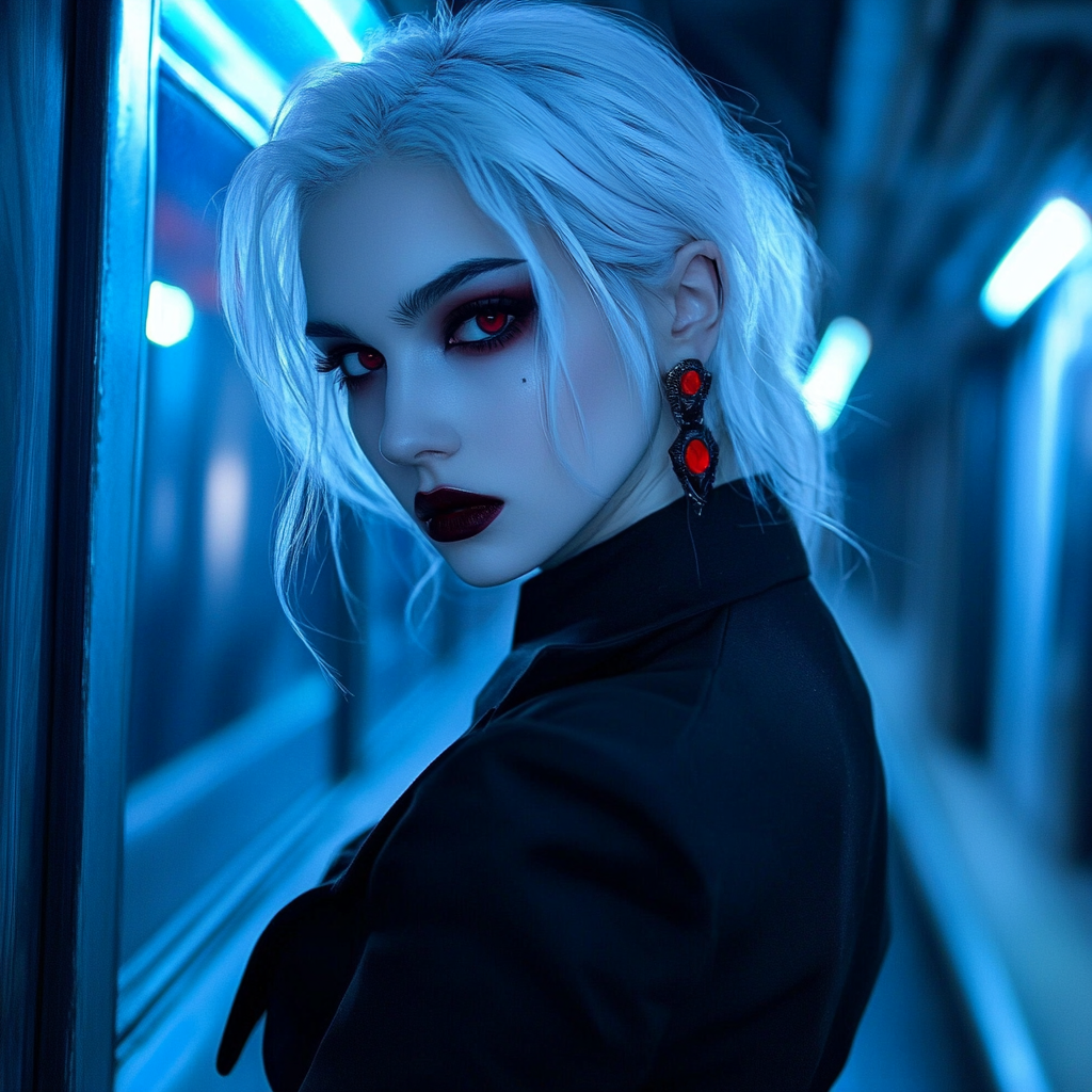 Anime vampire woman with gothic makeup on subway platform.