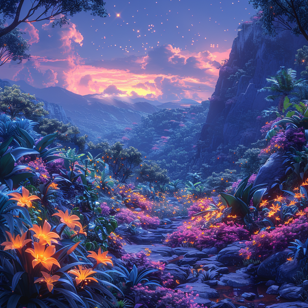 Anime wallpaper: Eye-catching jungle with colorful plants and animals.