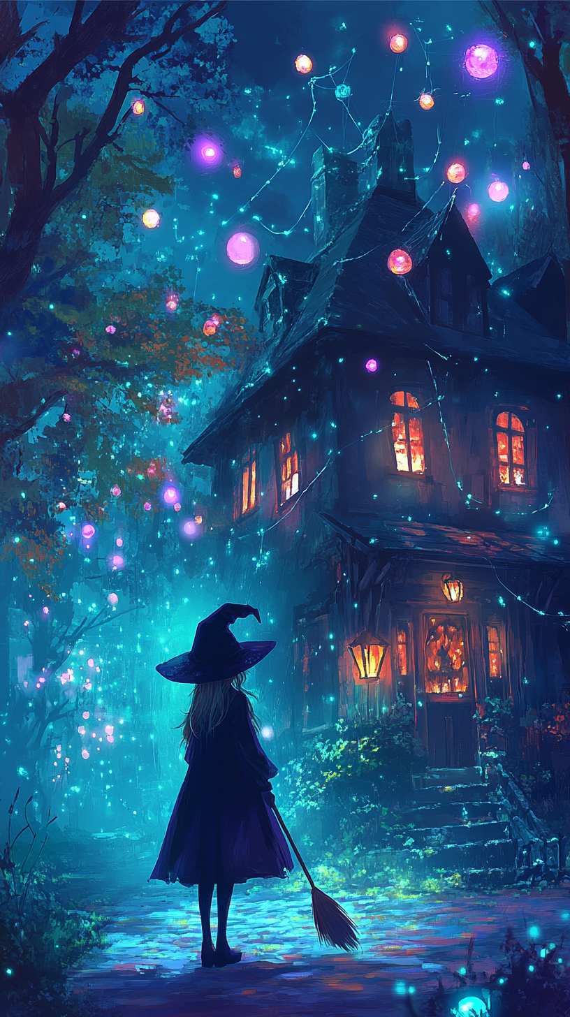 Anime witch at cobweb cottage with glowing orbs.