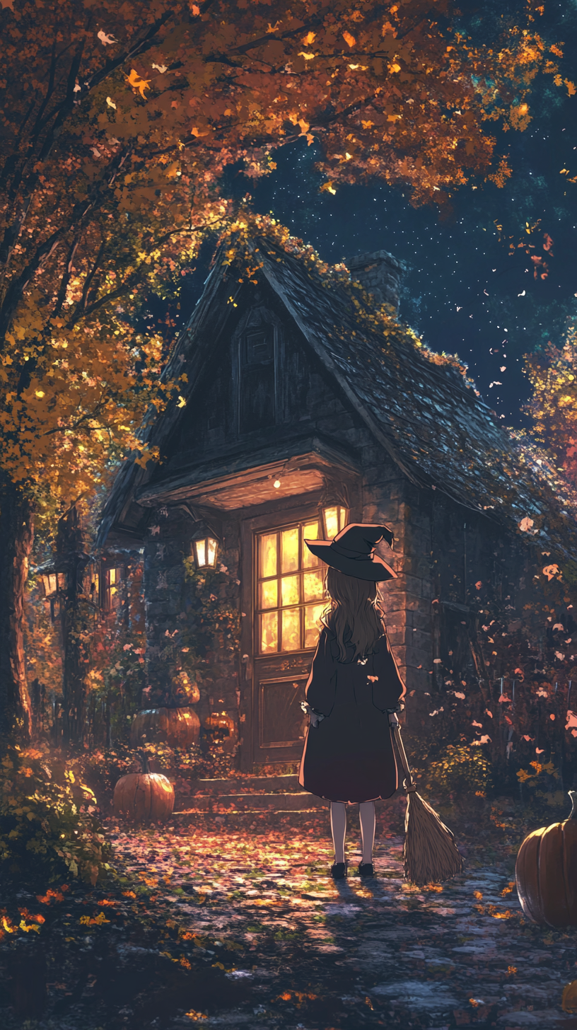 Anime witch in hat and cloak outside cottage.