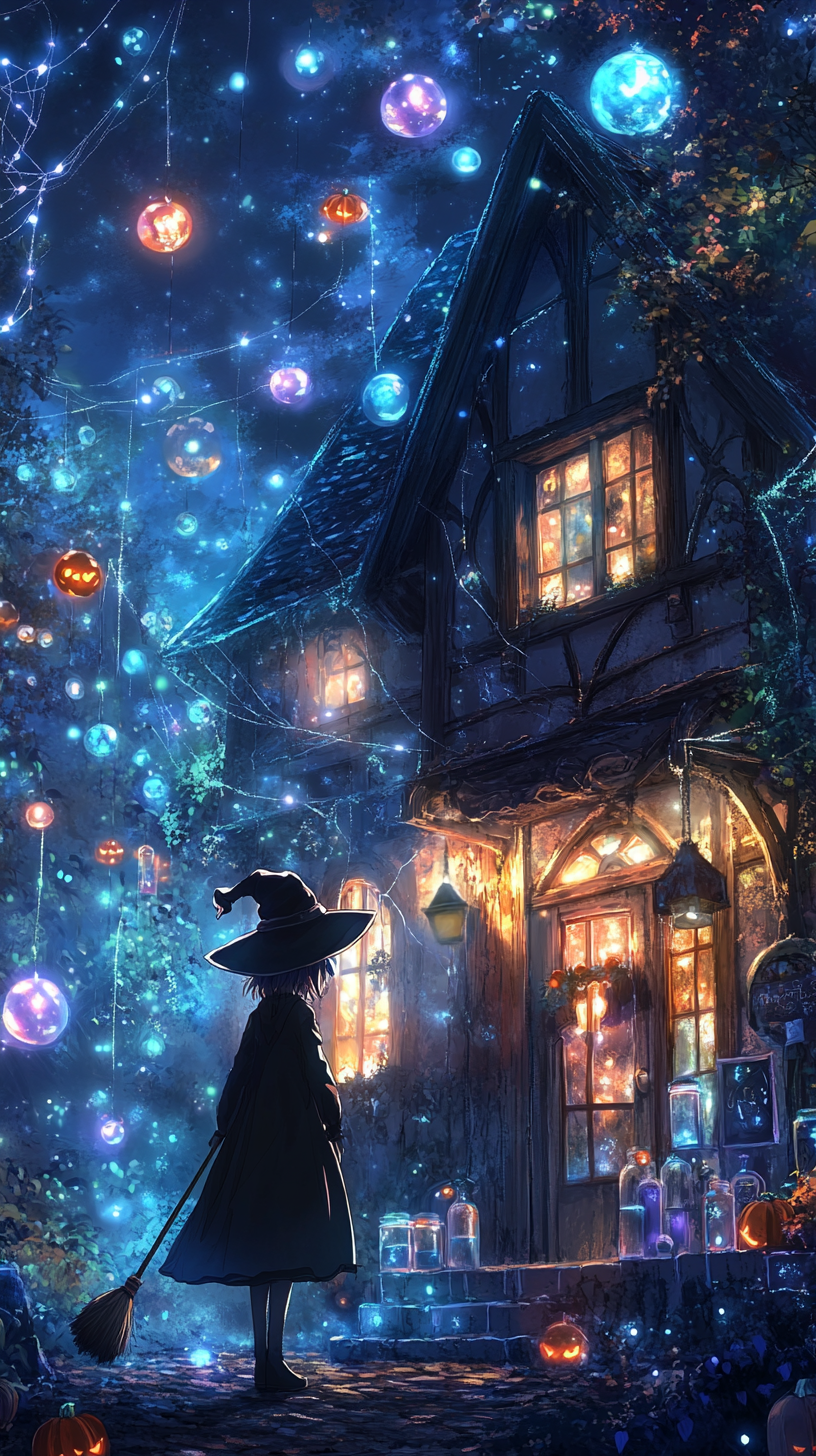 Anime witch with glowing orbs outside cottage on Halloween.