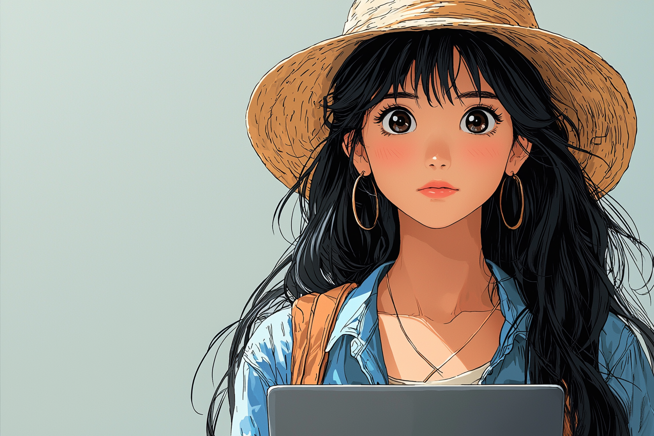 Anime with cheerful Asian girl in natural design.