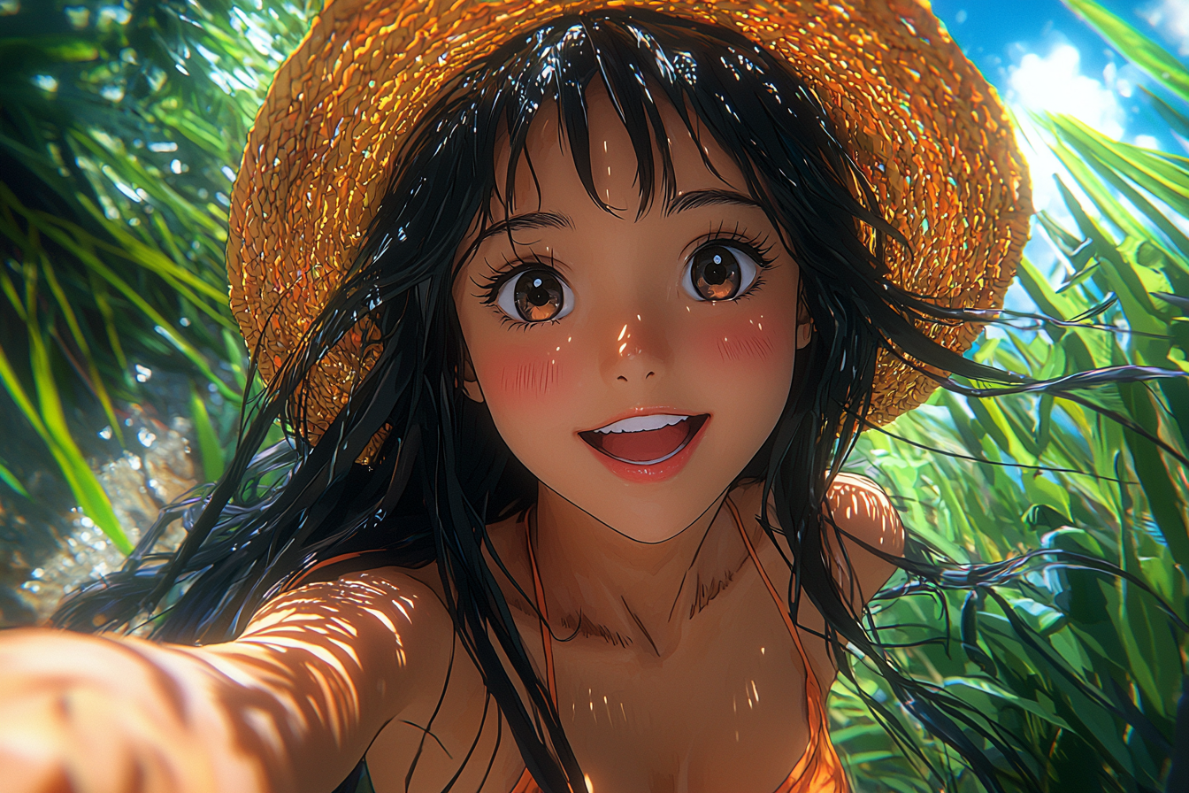 Anime with hand-drawn animation of asian girl on beach.