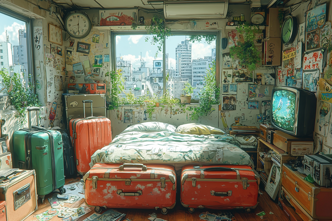 Anime with vibrant colors, detailed settings, emotions emphasized.