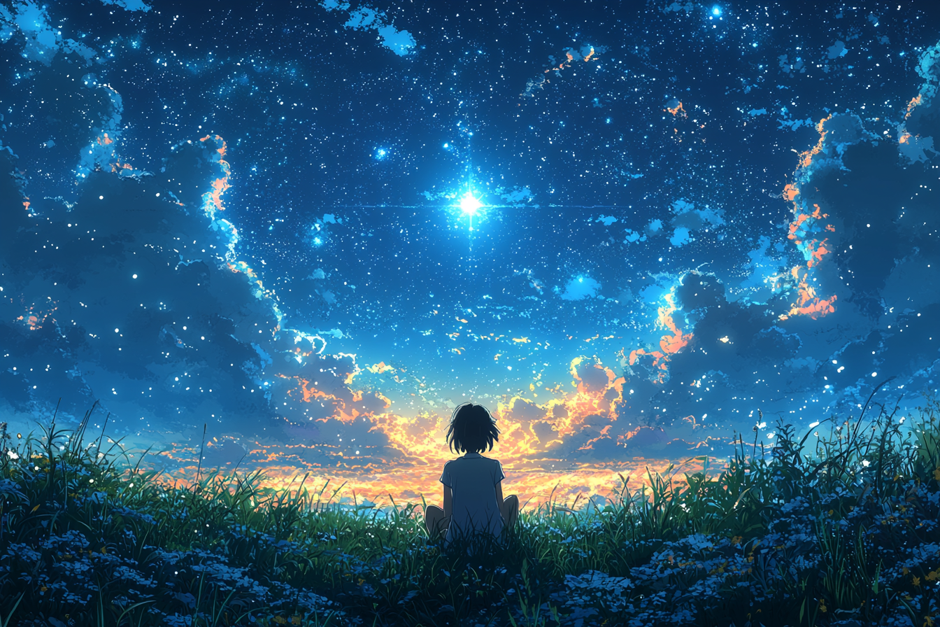 Anime with vibrant colors in beautiful starry night scene.