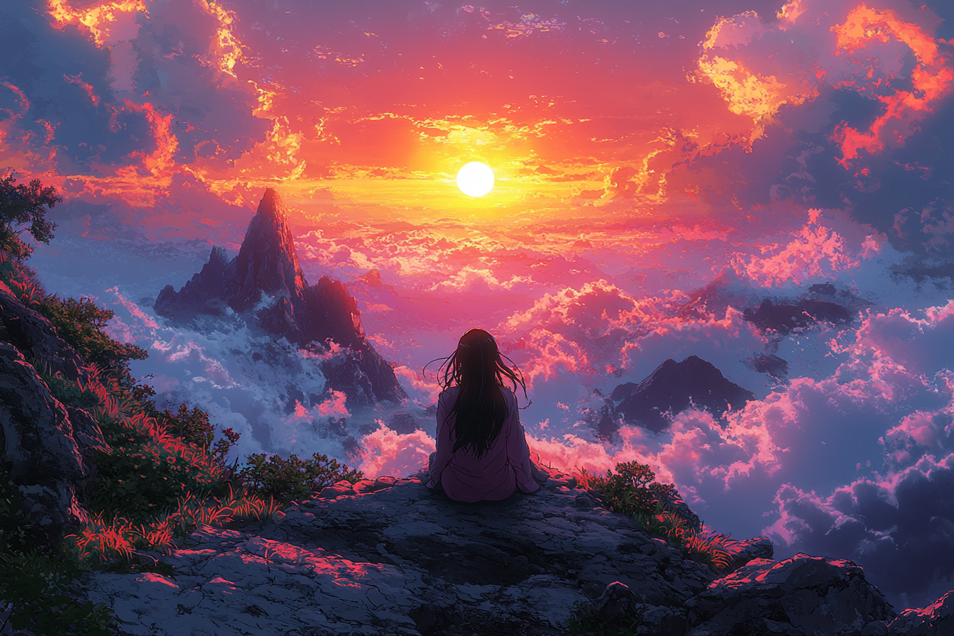 Anime: Black-haired girl on mountain watching sunset, high-quality.