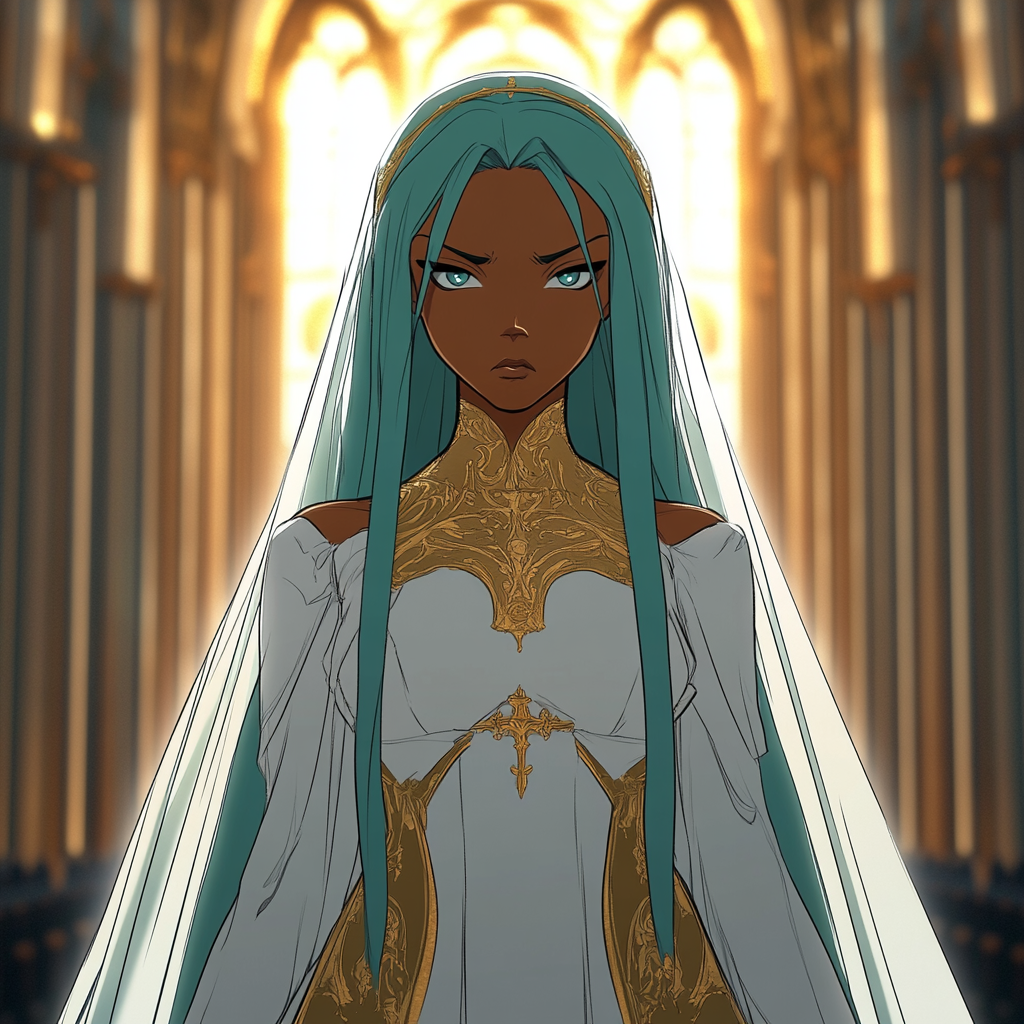 Annoyed black princess in glamorous cathedral