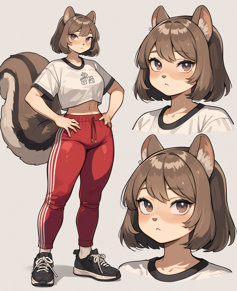 Anthro female squirrel in red tights and white shirt.