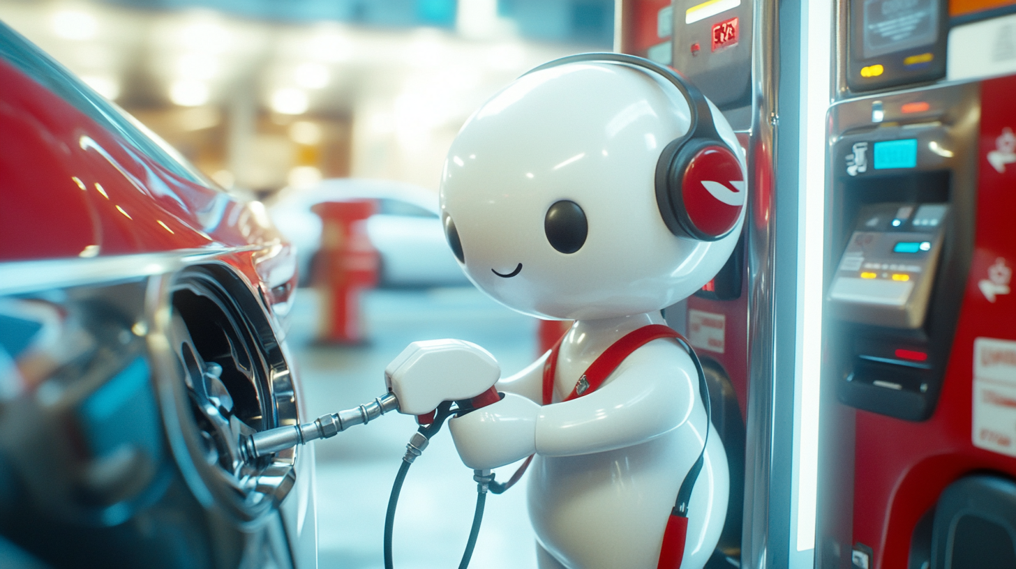 Anthromorphic marshmallow worker fuels car at gas station.