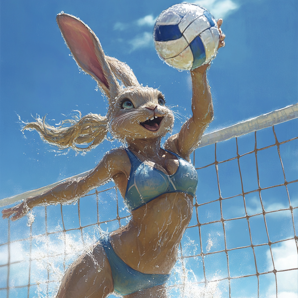 Anthropomorphic bunny girl spiking volleyball in mid-air.