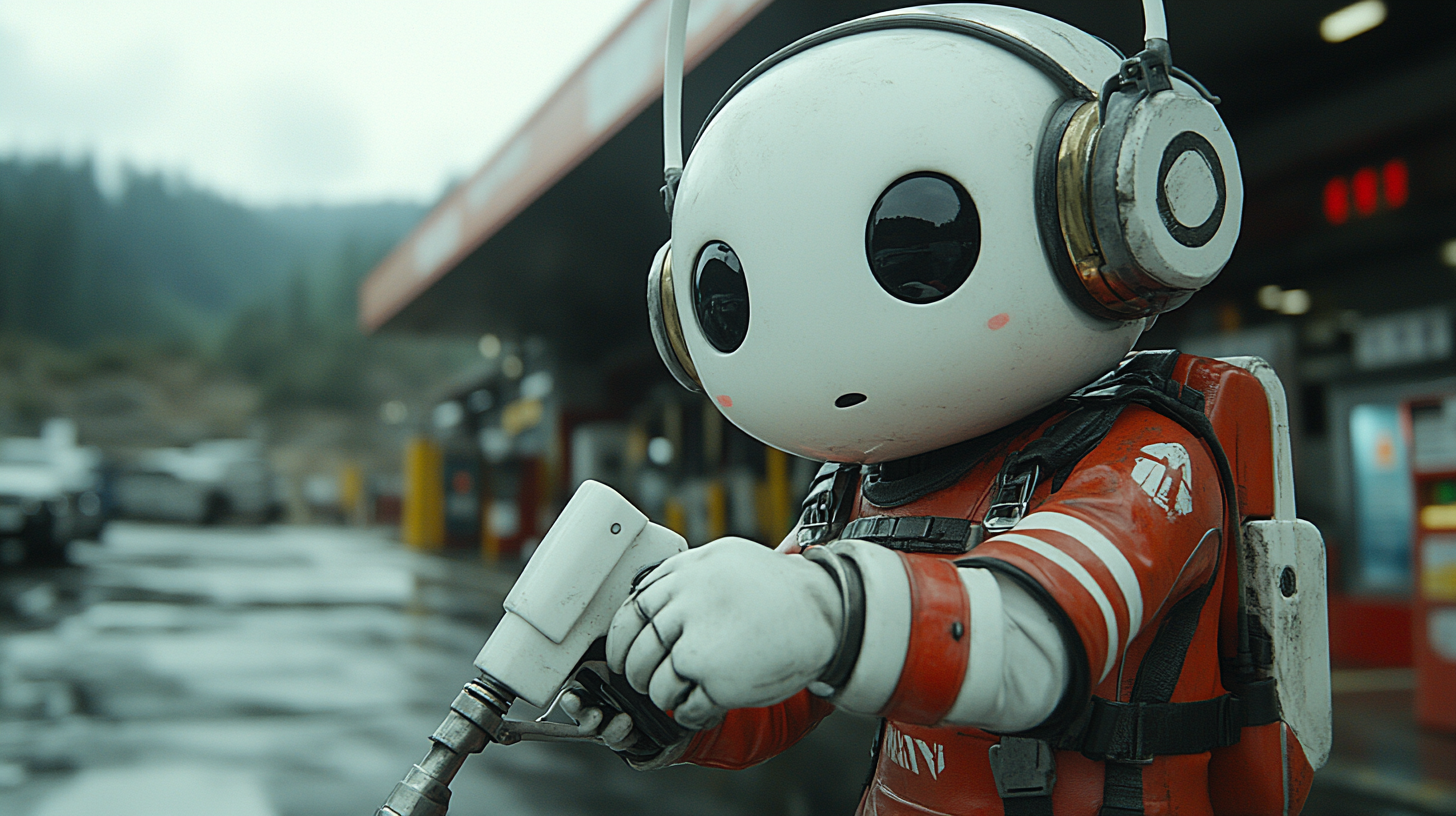 Anthropomorphic marshmallow worker in gas station fills car with fuel.