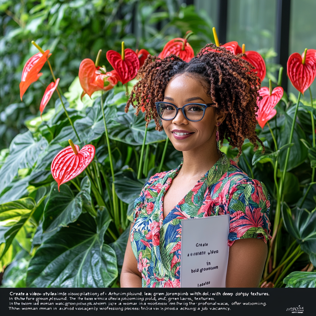 Anthurium plants background, woman offers job vacancy elegantly.