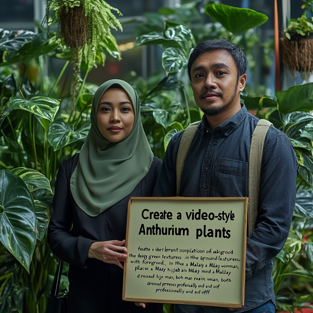 Anthurium plants with Malay woman and man holding Job Vacancy sign.