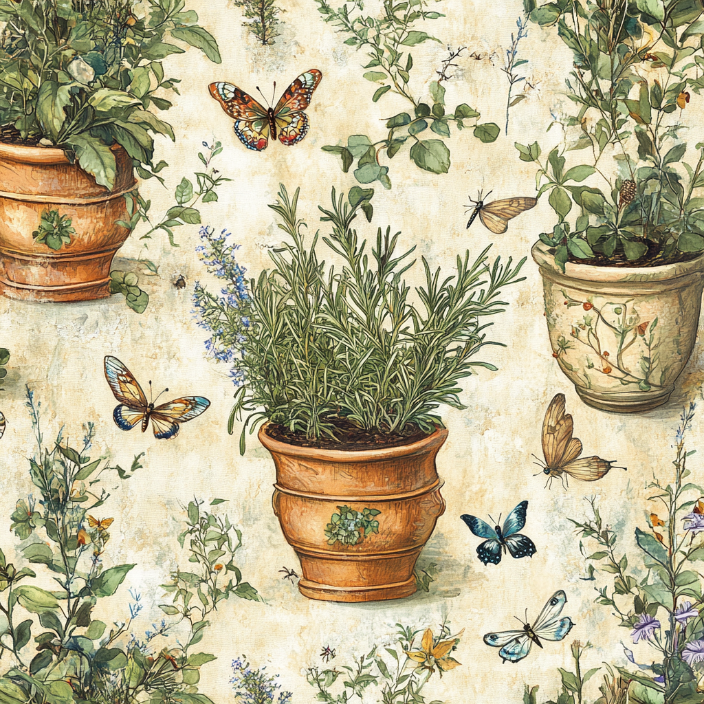 Antique Pots with Spiraling Herb Garden and Insects