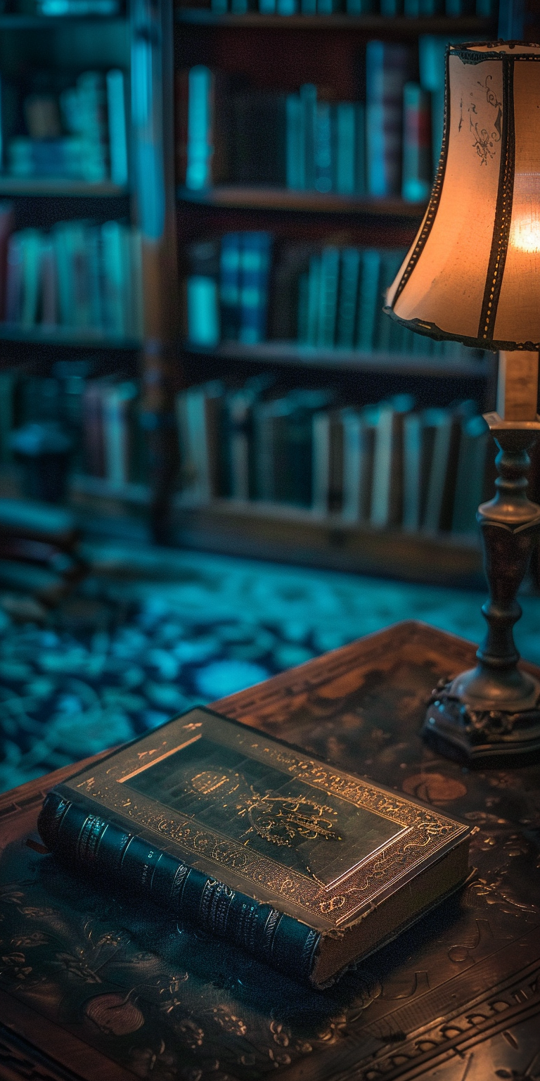 Antique book on desk in dark room library.