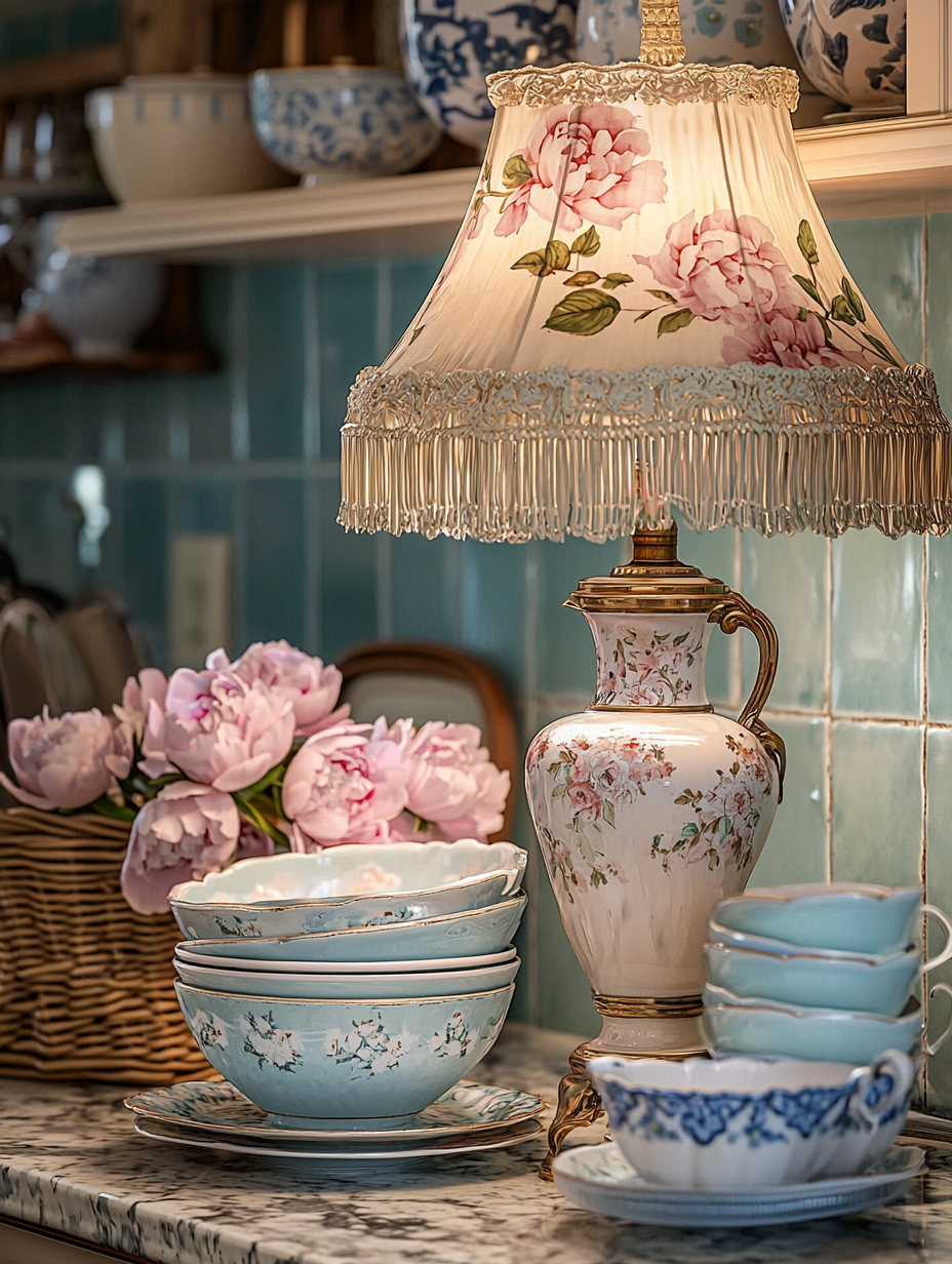 Antique lamp lights cozy kitchen with pastel dishes.