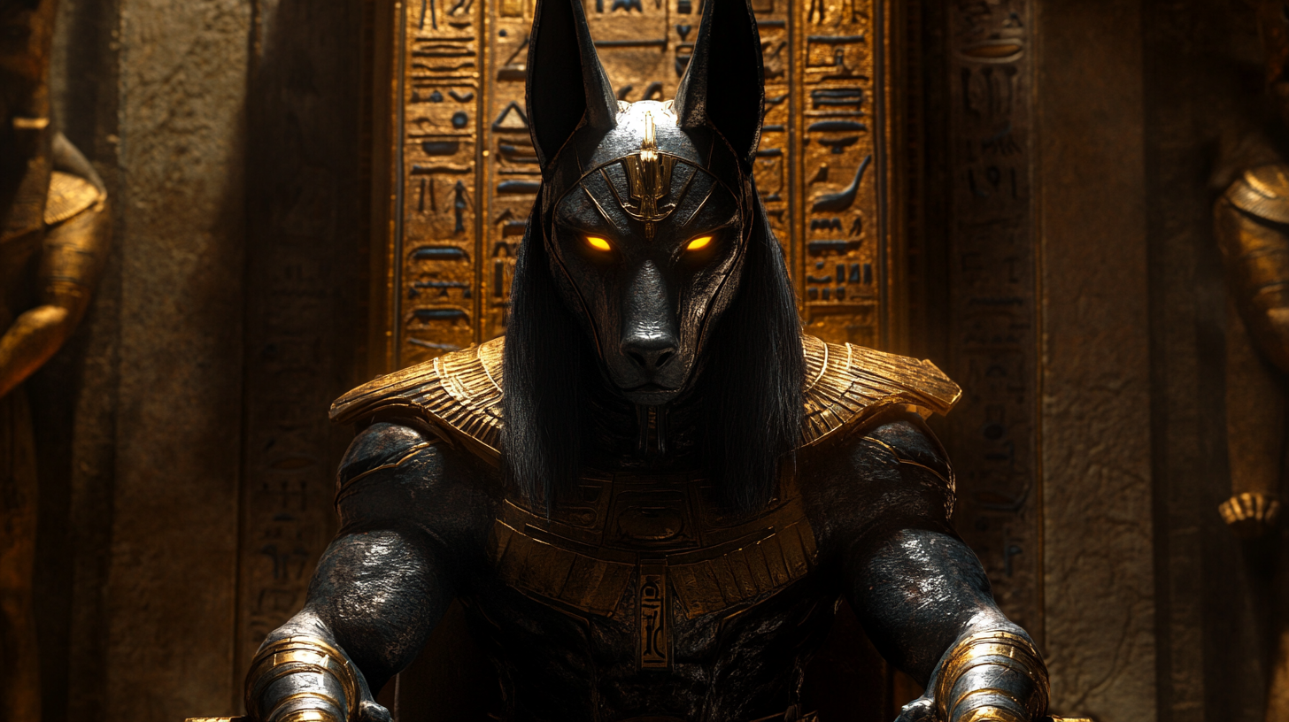 Anubis on throne, detailed face, glowing eyes, tattered armor.