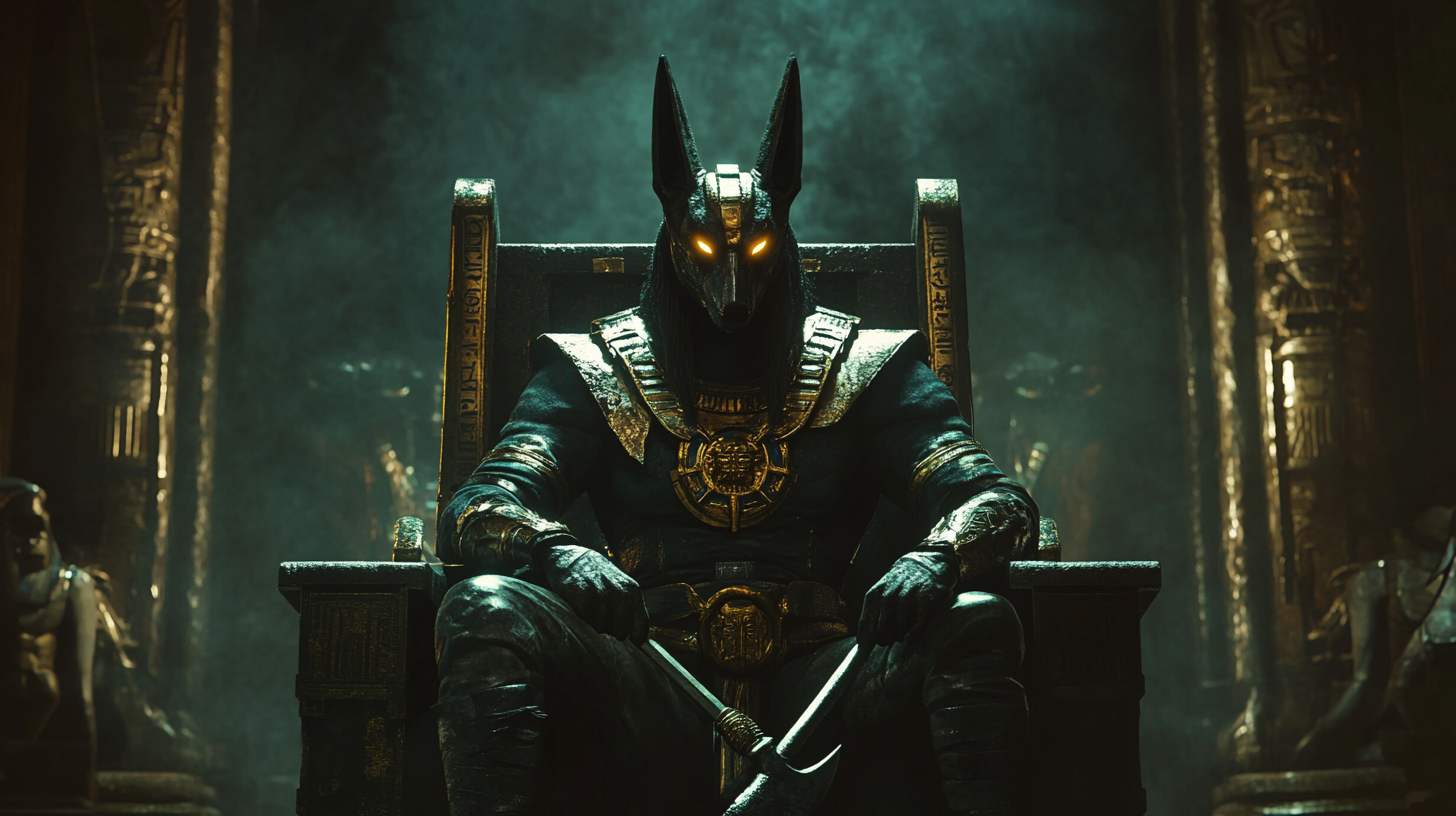 Anubis with sickle on golden throne in dark setting.