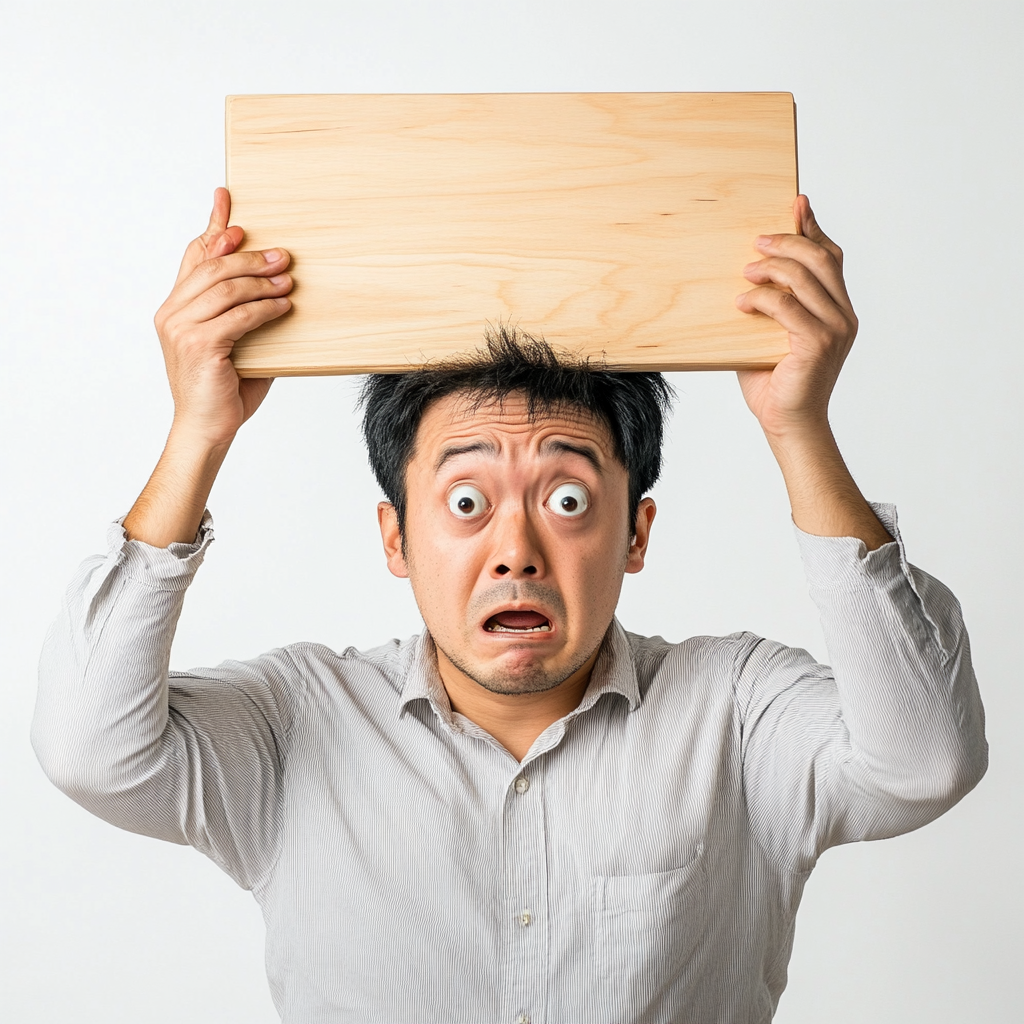 Anxious 30-Year-Old Asian Man Holding Wood Board