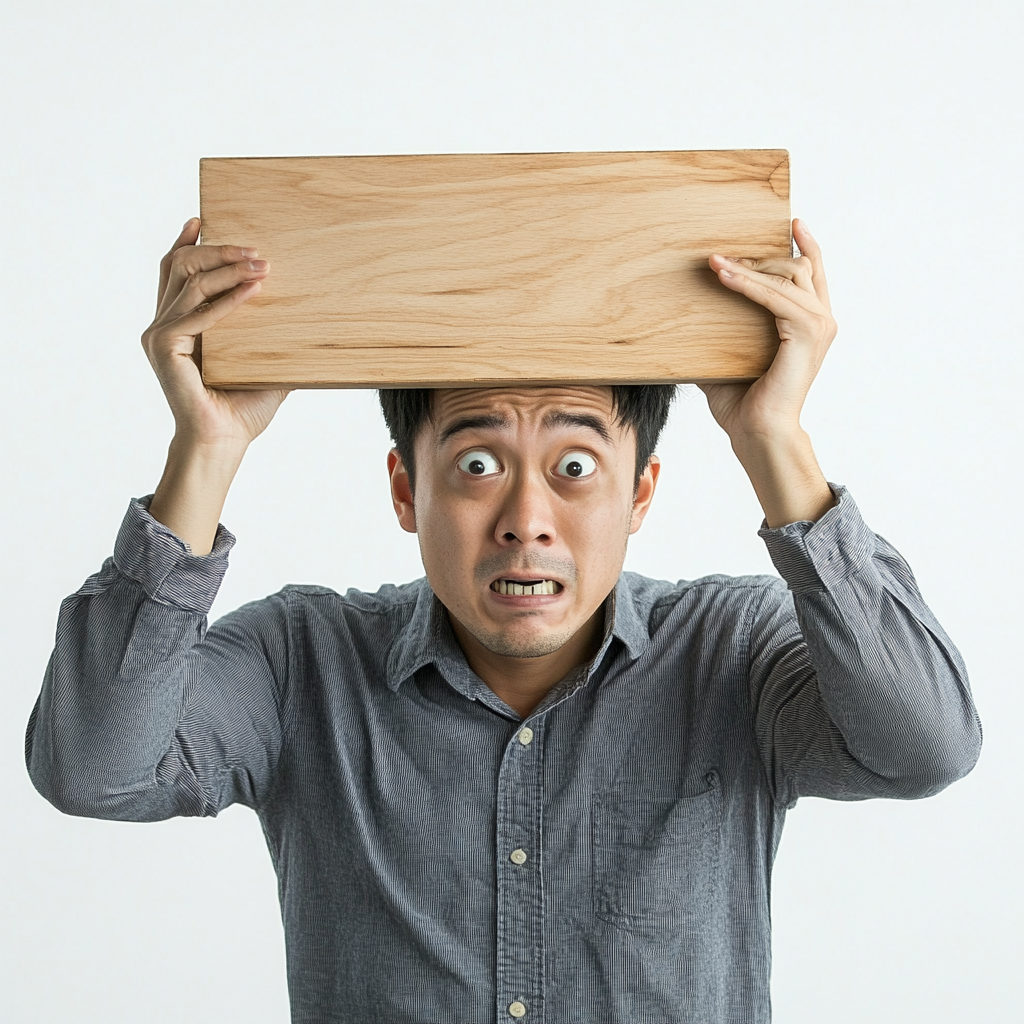 Anxious 30-Year-Old Asian Man Protecting Head, White Background