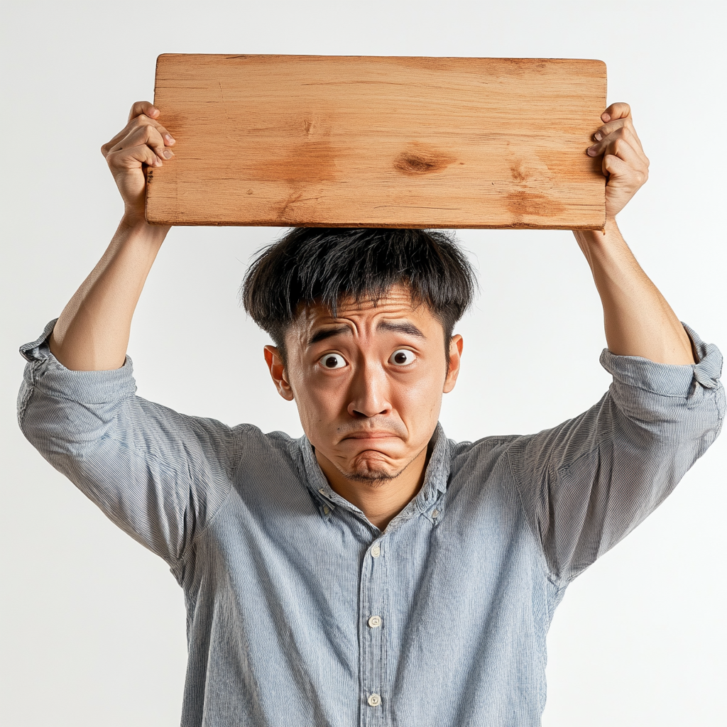 Anxious Asian Man with Falling Object on Wood Board