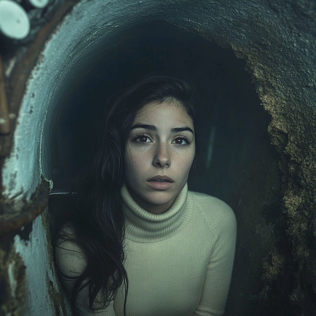 Anxious Chilean woman in cream turtleneck exits submarine.