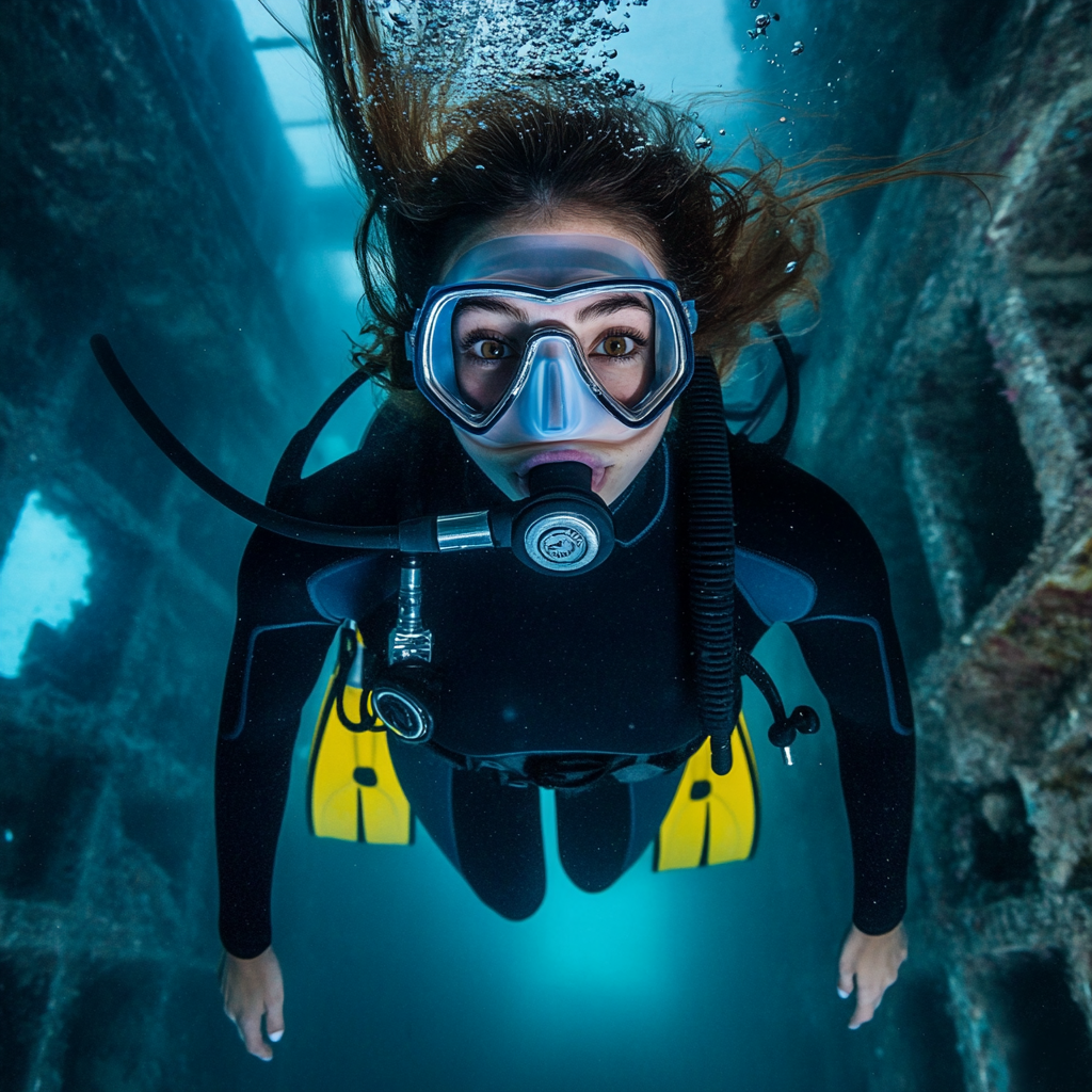 Anxious French beauty in black, blue, and yellow diving.