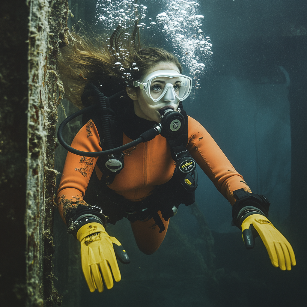 Anxious French diver exploring shipwreck in orange drysuit.