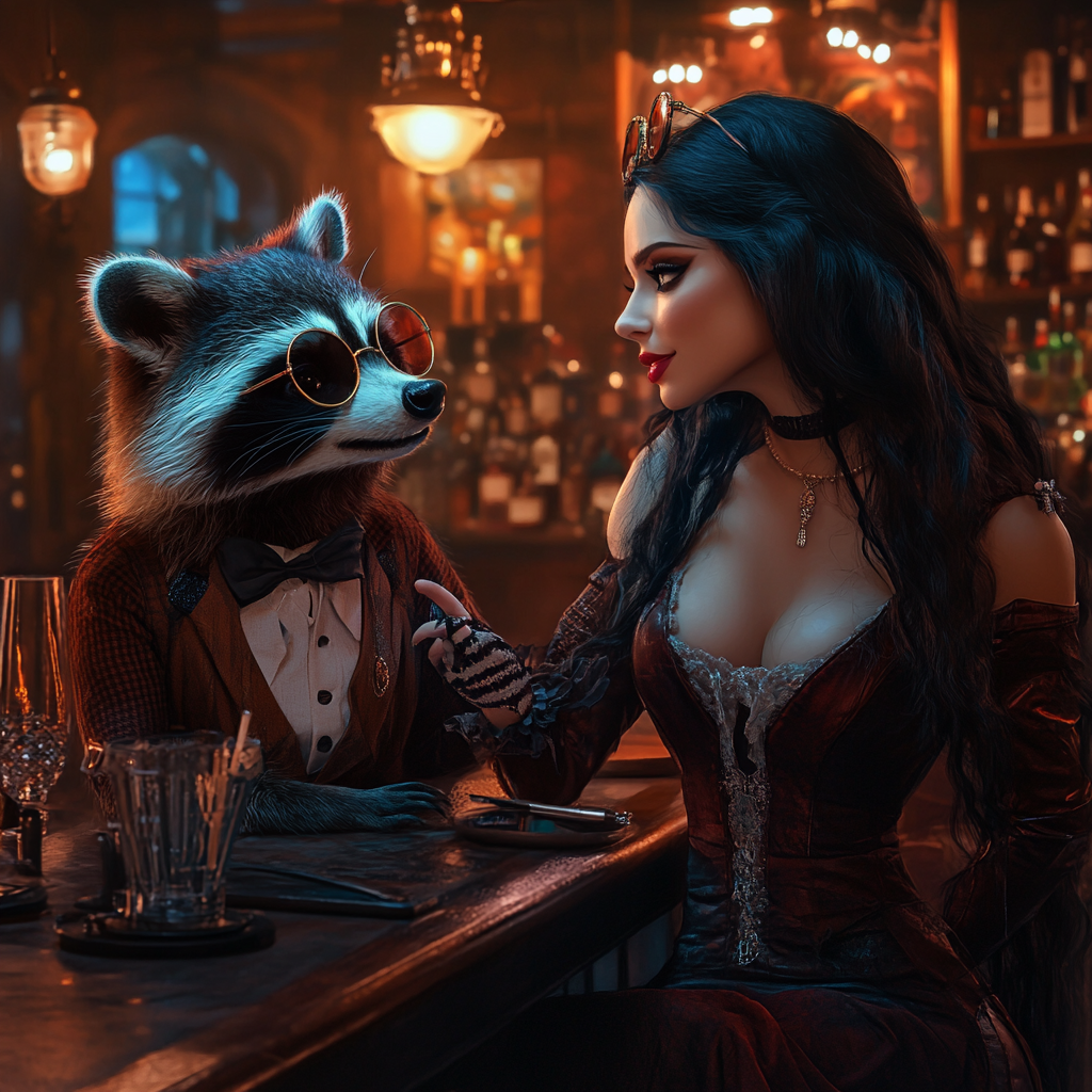 Anya Taylor Joy in cabaret outfit talks with raccoon.