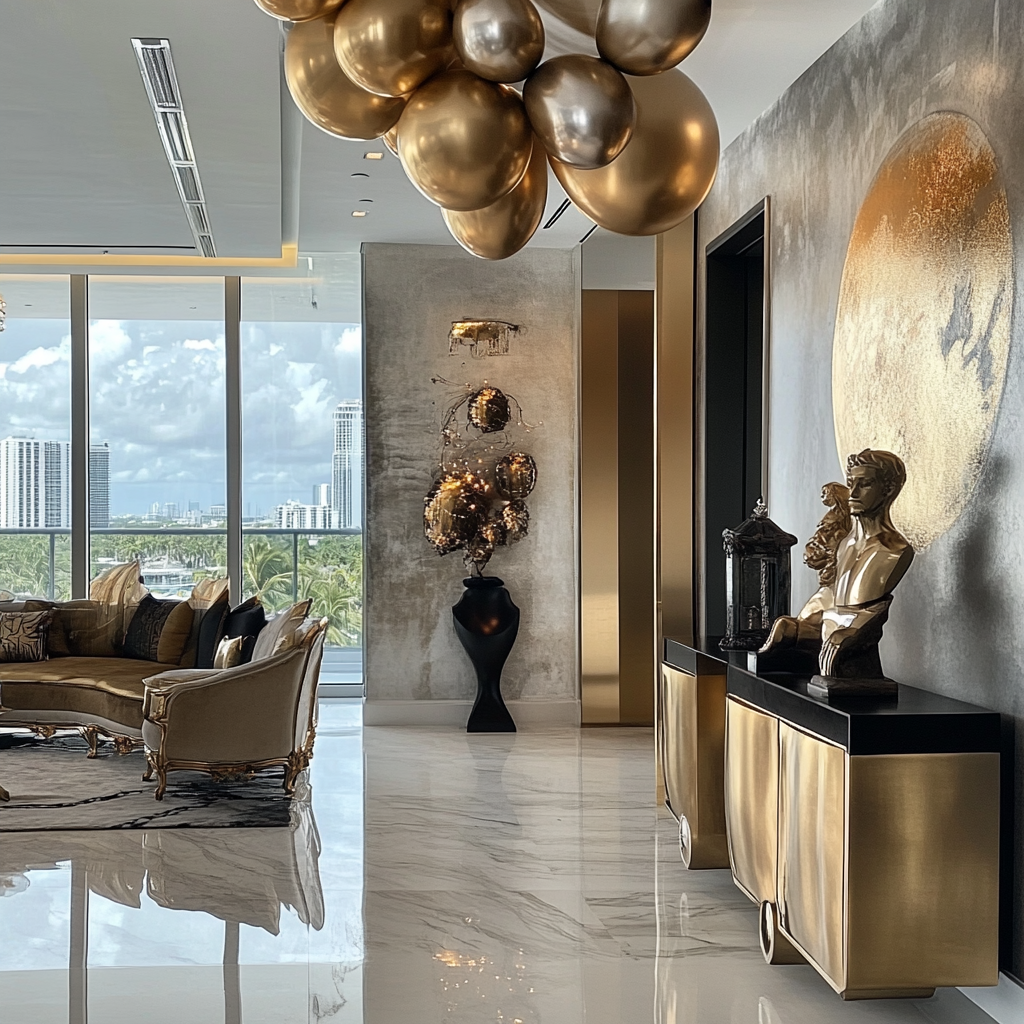 Apartment decorated with balloons, gold accents, antique furniture.