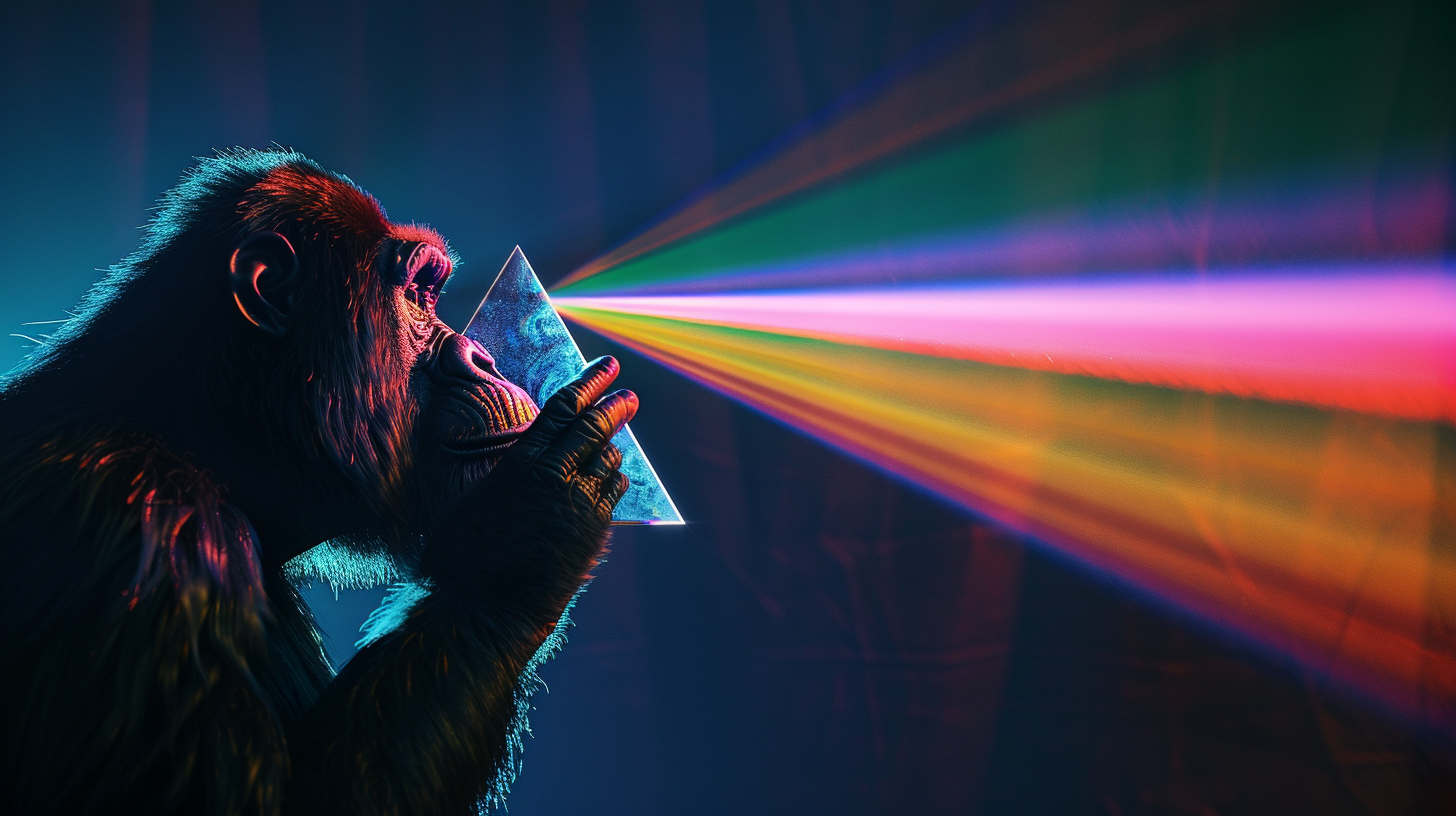 Ape holding colorful light prism shape.