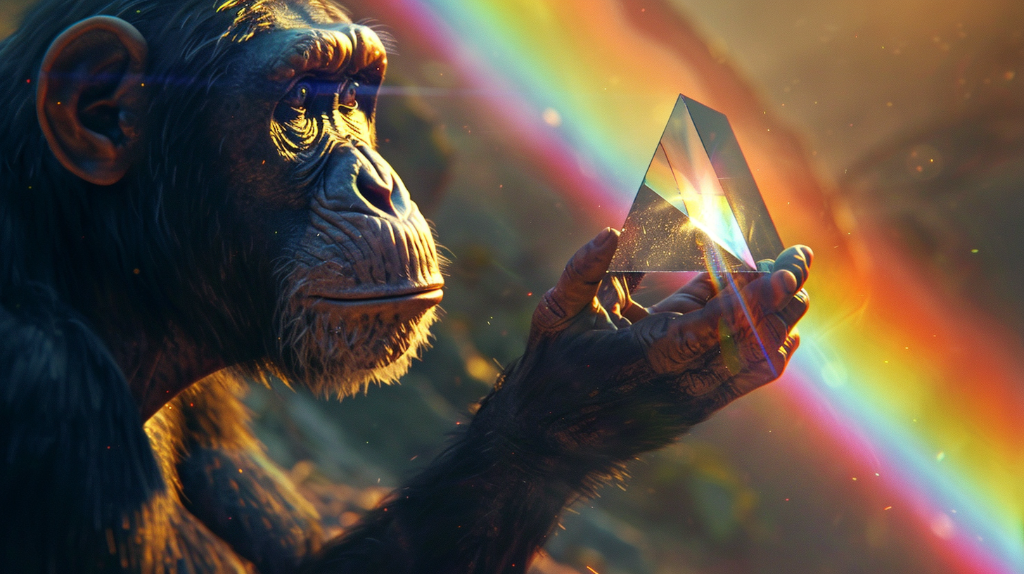 Ape holding prism emitting colorful light.