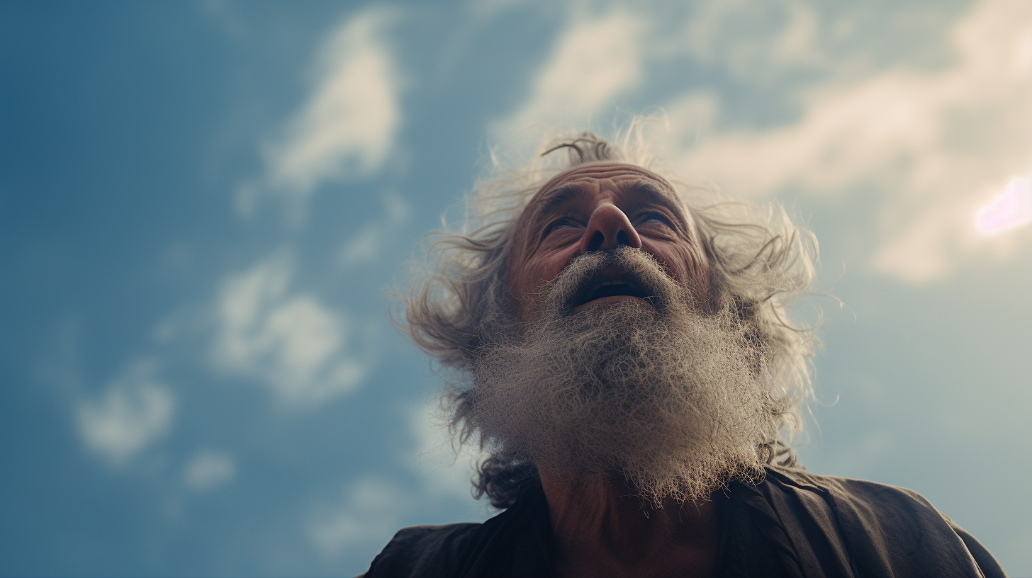 Apostle John gazes at majestic sky on beach