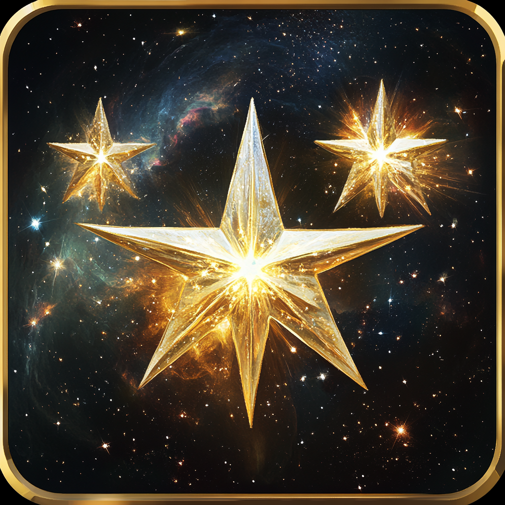 App icon: three radiant stars in gold and white.