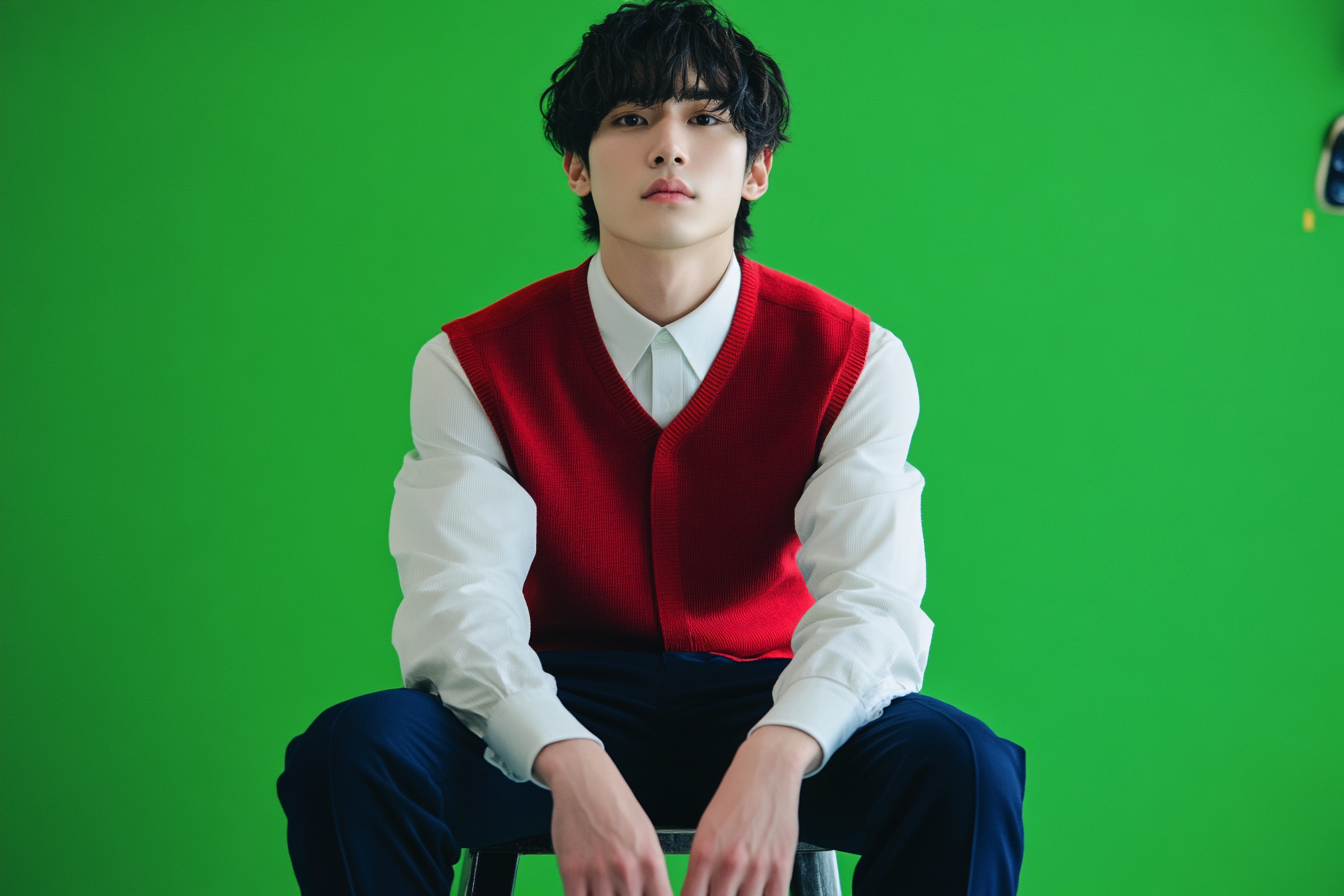 Approachable Japanese male in his twenties, sitting on iron stool.