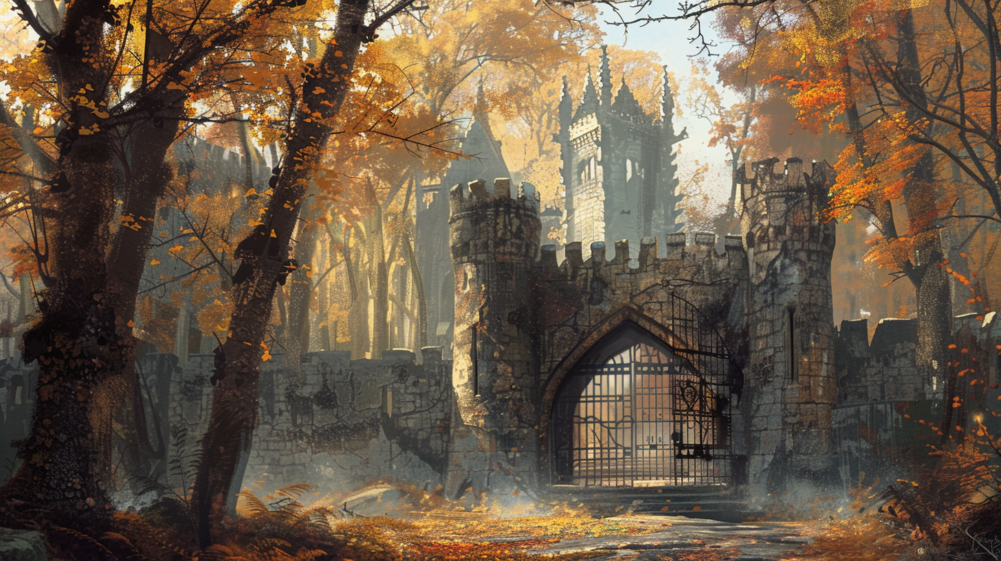 Approaching Abandoned Castle Gates Mid-day Autumn Fantasy Art