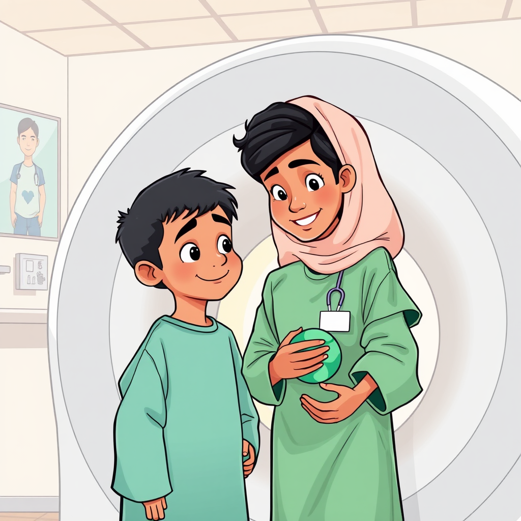 Arab Boy Preparing for MRI with Friendly Technician