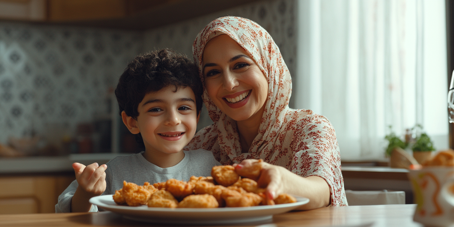 Arab Family Enjoying Chicken Strips in Ramadan Kitchen