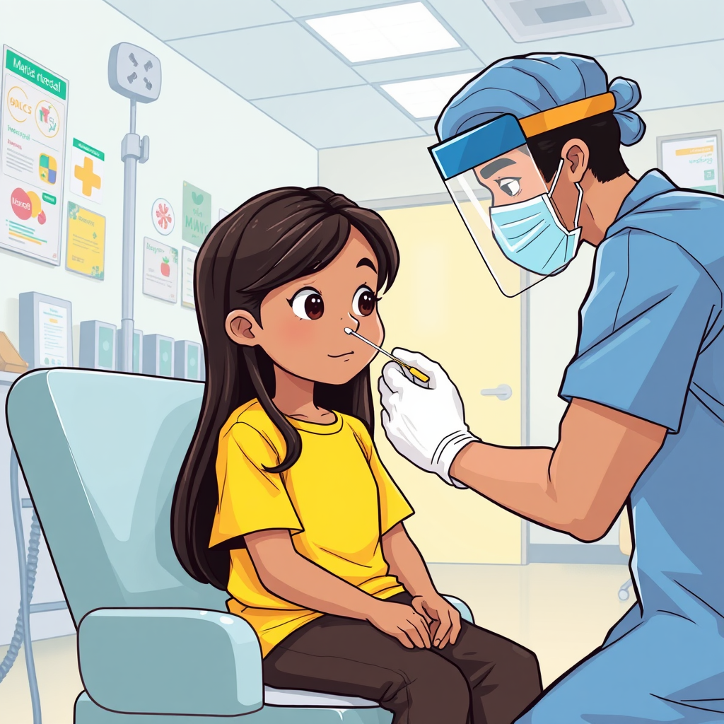 Arab Nurse Performing Nasal Swab on Young Girl