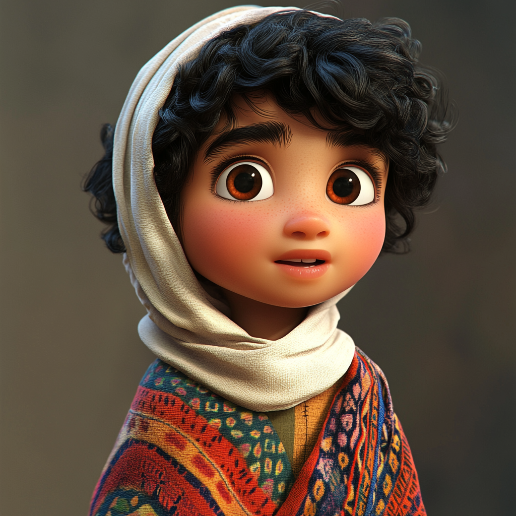 Arab boy with olive skin, curly hair, thobe, keffiyeh