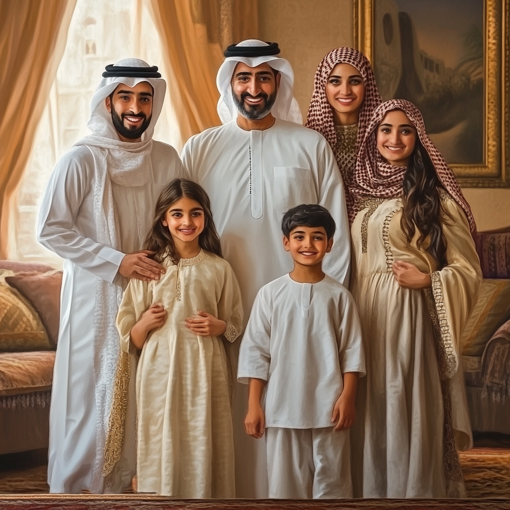 Arab family with 7 sons, 3 daughters, father, boy