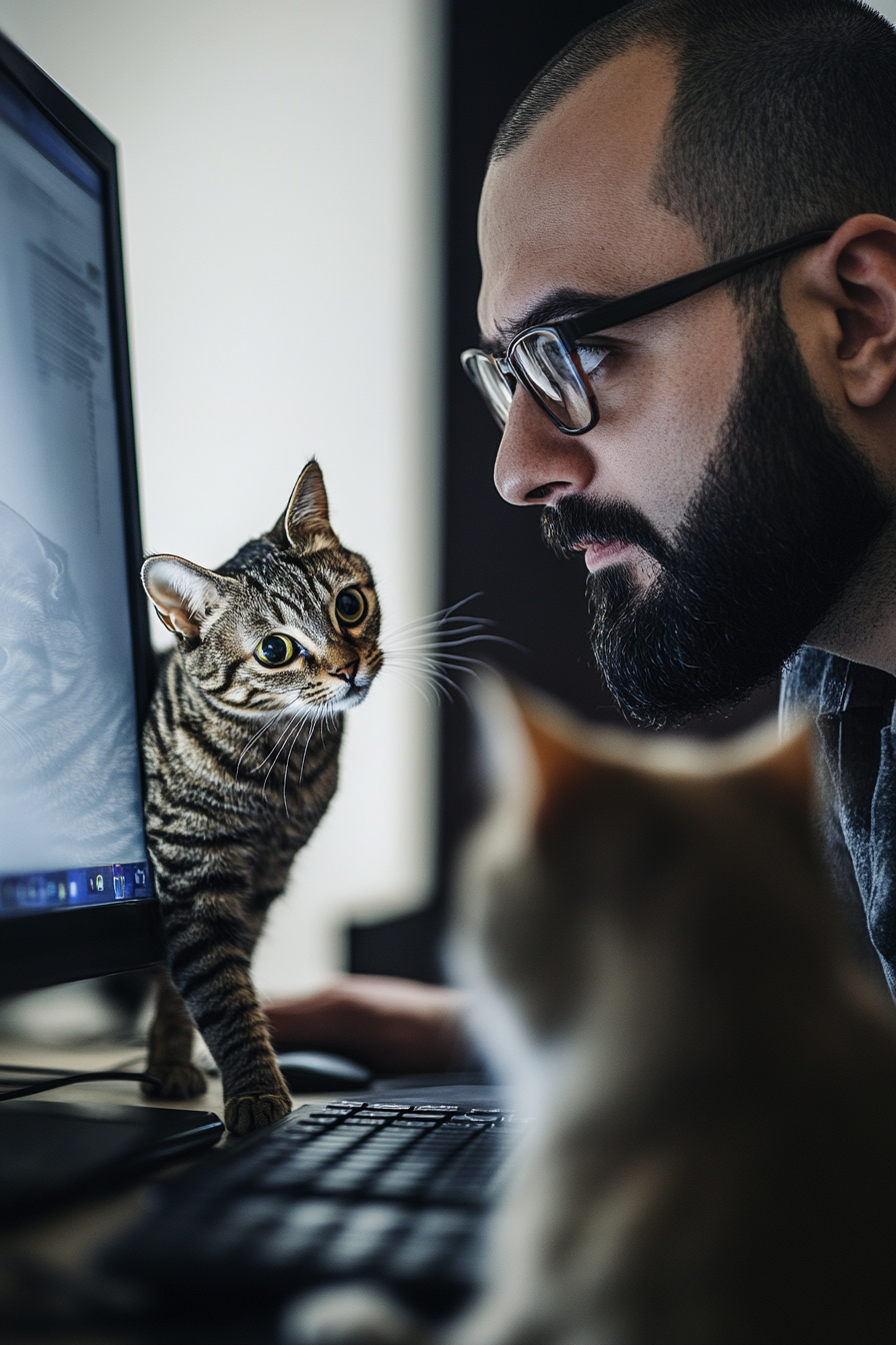 Arab male sales manager in Zoom with striped cat.