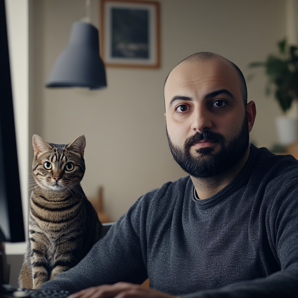 Arab man, cat in video meeting on computer camera.