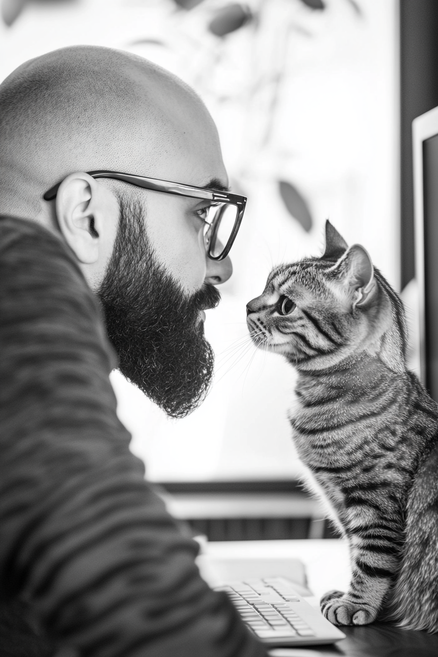 Arab sales manager with glasses, cat near computer camera.